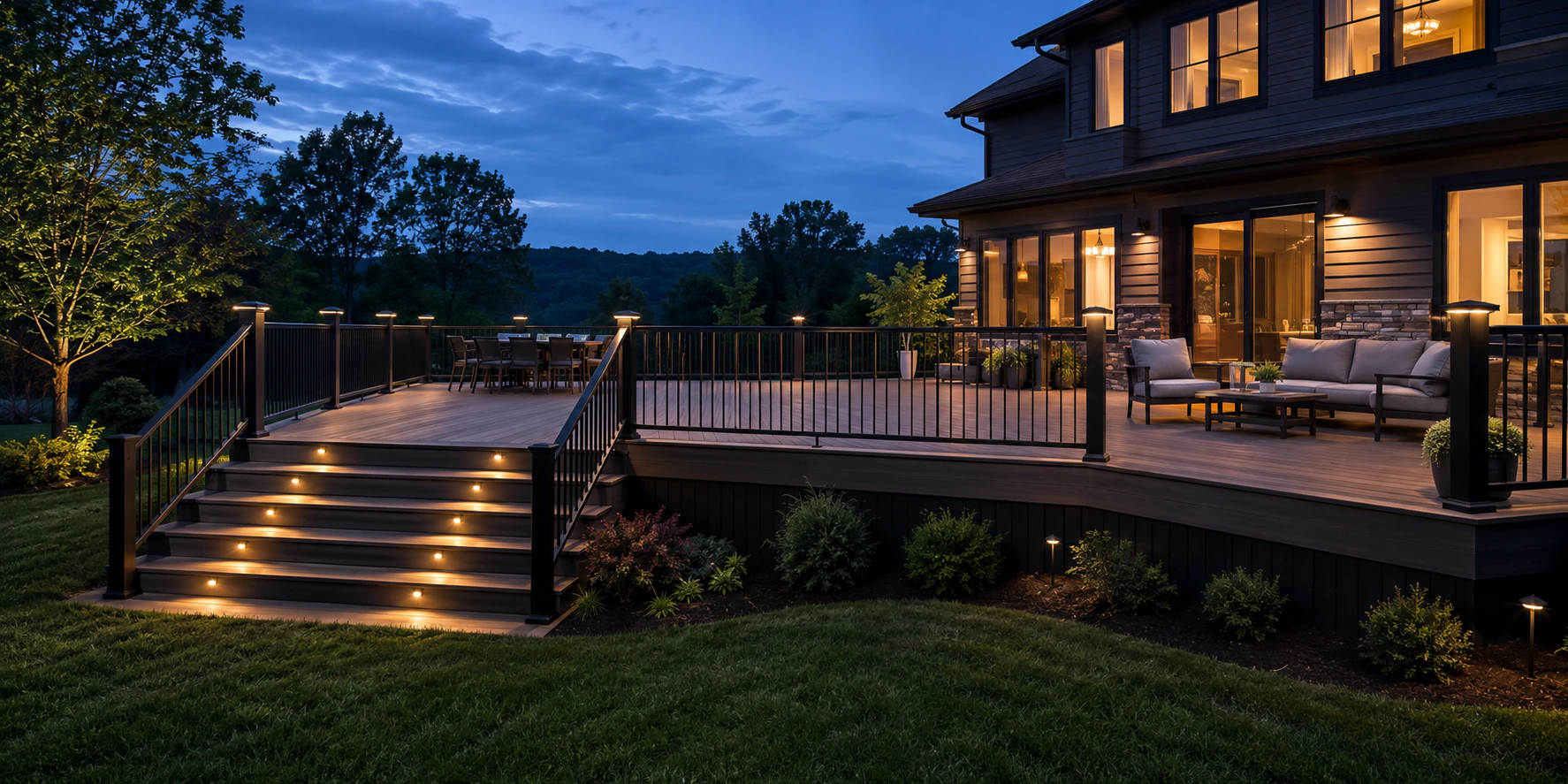 Deck with lit stair lighting at twilight