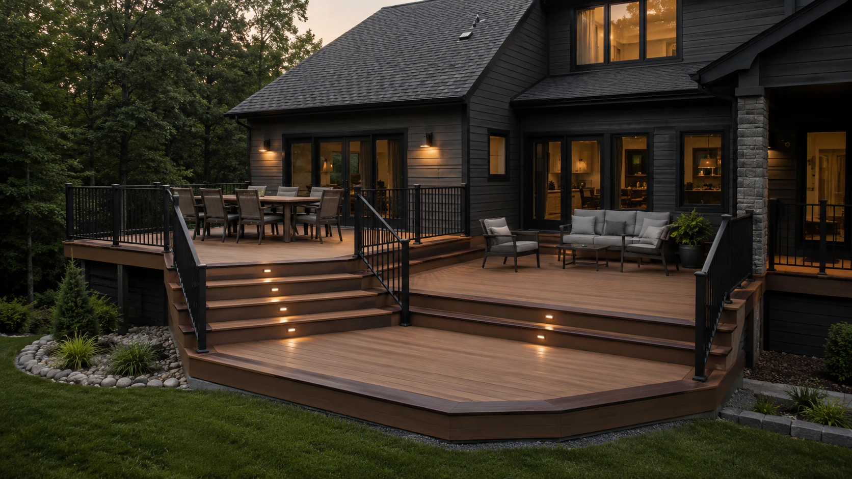 Custom deck with lit steps beside a two-storey home at dusk