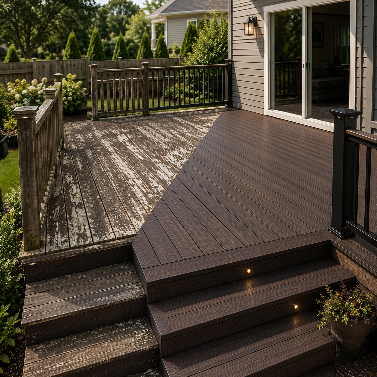 Newly replaced deck boards on a rebuilt frame