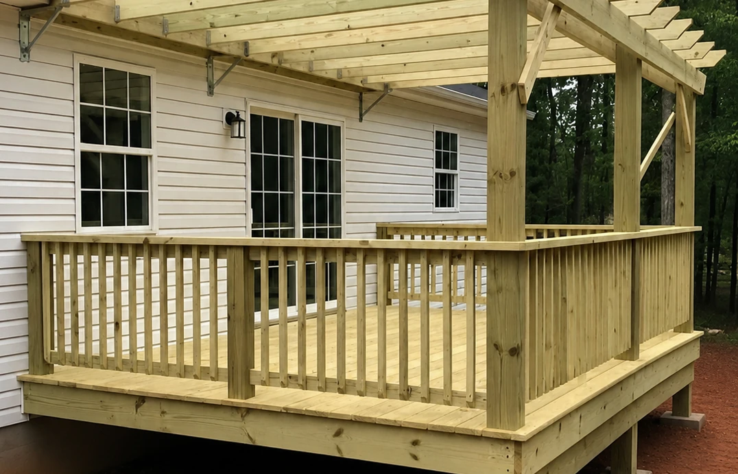 Wooden deck with a pergola attached to a white house