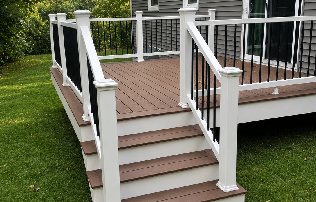 Two-tone deck with white posts, black balusters and wide steps