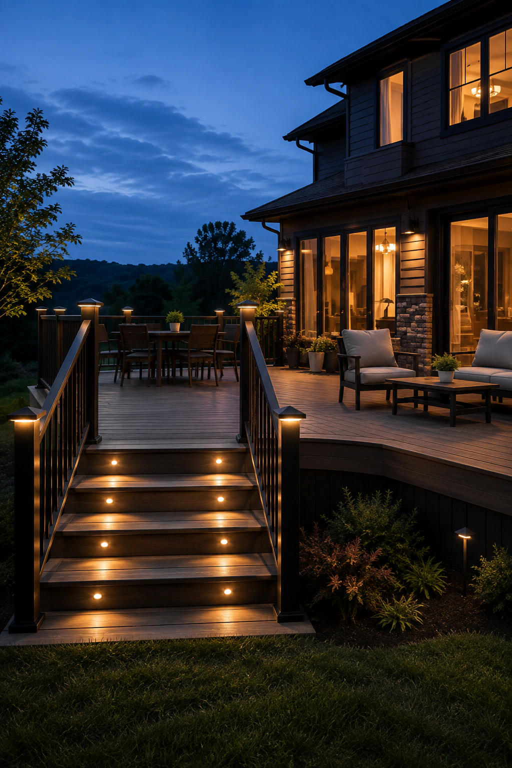 Illuminated custom deck with covered pergola at dusk