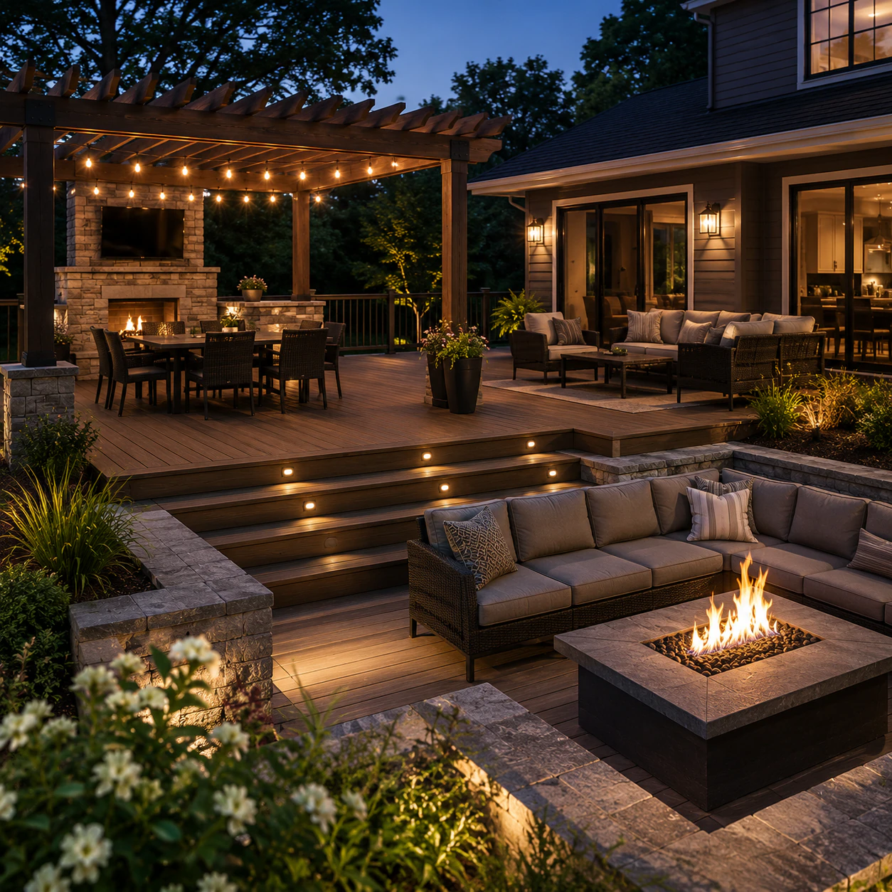 Outdoor living area with seating beside a deck