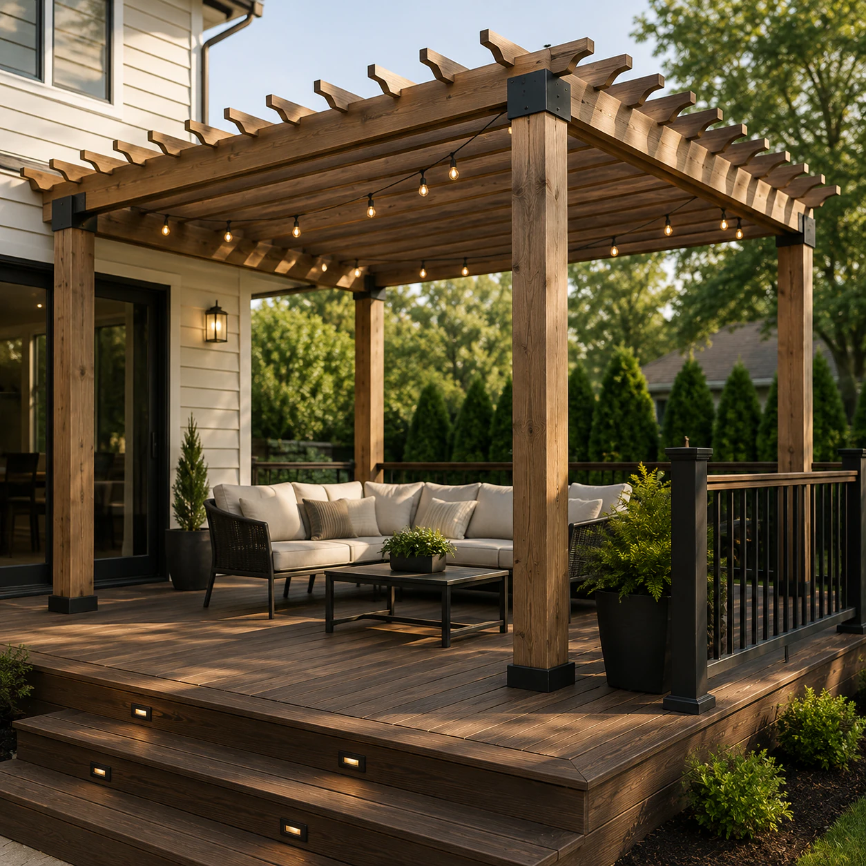 Timber pergola framing a deck beside a house