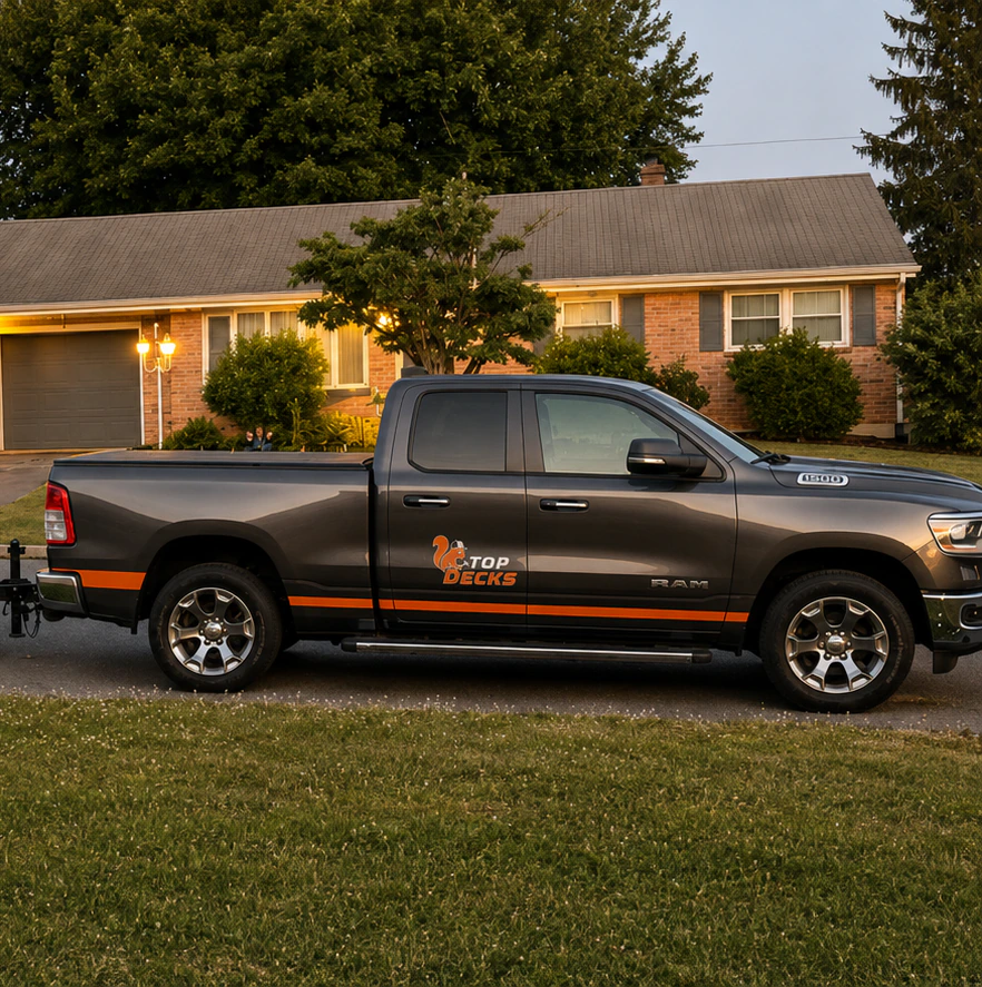 Top Decks truck and branded trailer parked outside a client’s home