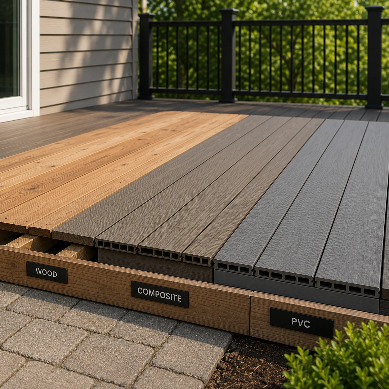 Composite decking boards laid on a new deck frame