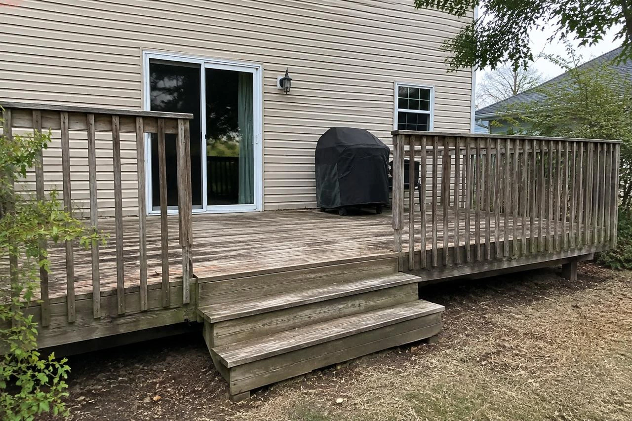 Weathered timber deck before restoration